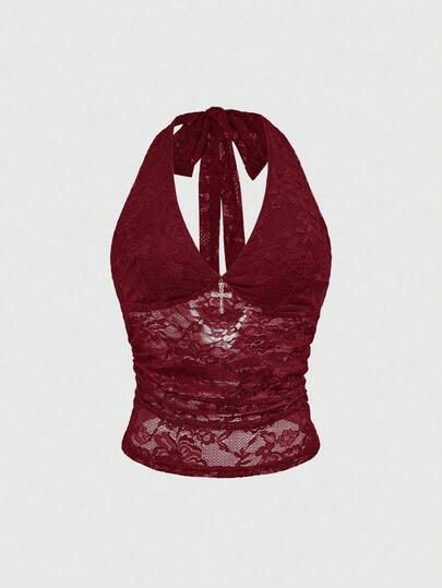 ROMWE Spring/Summer Red Gothic Cross Decor Lace Halter Neck Bodysuit For Women