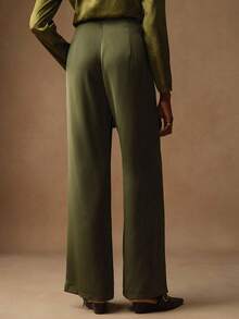 Vesra 女士时尚百搭隐形拉链亮面光滑面料休闲直筒阔腿裤 - 軍綠色 - 查看 2