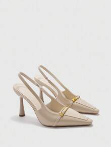 CUCCOO BIZCHIC 女士时尚闪亮米色材质露背方头细高跟鞋，适合通勤、约会、聚会、派对等场合 - 米色 - 查看 6