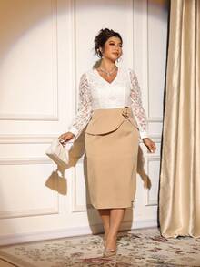 Allurite Plus Size Women's Elegant Beige Wedding Guest Dress,Lace V-Neck Lantern Sleeve 3D Floral Bodycon Midi Dress,Autumn Cinched Waist Solid Color Work Gown - Multicolor - View 6