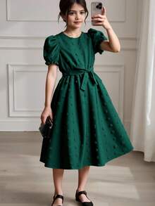 SHEIN Tween Girl Fuzzy Jacquard Lined Puff Sleeve Dress With Belt, Droplet Collar Casual Dress - Dark Green - View 11