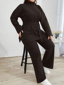 EURMUSE Solid Color Turtleneck Casual Sweater 2pcs/Set - Brown - View 5