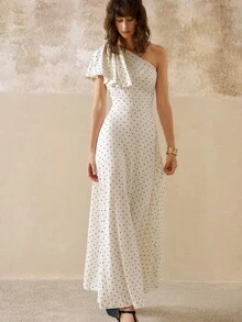 INAWLY Váy chấm bi dài vừa phải cho nữ, vai lệch, ôm sát, gợi cảm và thanh lịch - Màu be - Xem 3