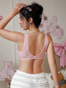 PetitDoll 女士纯色甜心领刺绣蕾丝文胸 - 粉色 - 查看 2