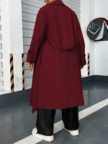 Rustia Casual Collegiate Vintage American Double-Breasted Notched Lapel Side Pocket Long Windbreaker CASUAL - Burgundy - View 2