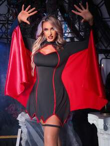 女式万圣节蜘蛛网网眼透视胸围镂空撞色滚边蝙蝠袖服装 - 黑色 - 查看 4