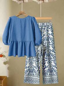 Linhara Plus Size Women Solid Color Bow Front Blouse & Floral Print Wide Leg Pants Casual 2 Pieces Set - Blue - View 2