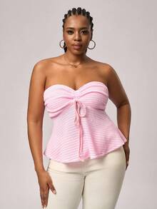 SHEIN Tall CURVE 大码粉色条纹针织抽绳抹胸，四季皆宜 - 彩色 - 查看 3