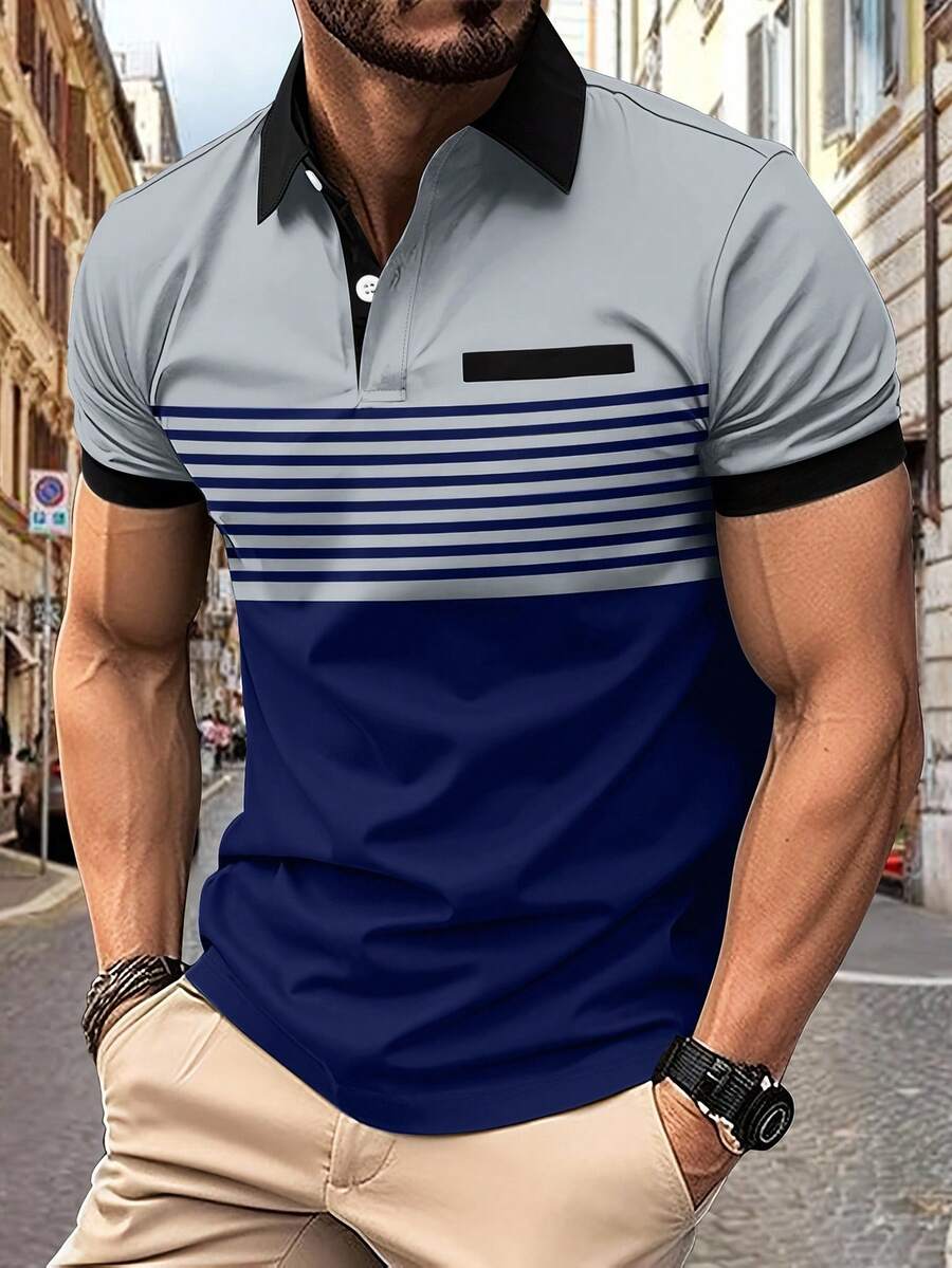 Manfinity Homme 男士彩色條紋polo衫,帶圖形块工作時尚元素,爸爸和我風格一致 - 彩色 - 查看 1