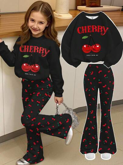 SHEIN Leap Crew Negro, Vintage Universitario Lindo Estampado de Cereza, Mini Estampado de Cereza, Sudadera de Cuello Redondo Holgada de Punto para Niñas Preadolescentes con Gráfico y Pantalones Acampanados 2 Piezas Conjunto Casual, Adecuado para Picnic al Aire Libre, Salida, Estilo Callejero, Hogar, Escuela, Capas de Otoño, Niños con Estilo, Ropa Casual, Ropa Gráfica para Niños, Vuelta al Colegio, Ropa de Otoño, Homecoming