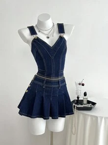 Elamini 女式无袖 V 领时尚修身上衣和褶皱牛仔迷你裙两件套 - 藍色 - 查看 1