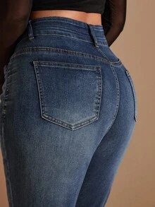 SHEIN BAE 女性加大碼高腰修身牛仔褲 - 藍色 - 查看 10