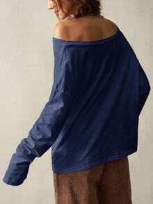 Bohemela Plus Size Off-Shoulder Loose Casual Homewear T-Shirt/Fall/Winter - Navy Blue - View 3