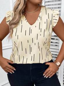 SHEIN LUNE Plus Size Women's Casual All-Over Print V-Neck Ruffle Armhole Loose Blouse, Summer - Apricot - View 2
