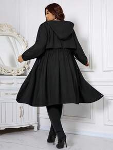 Ellevyn 大码女式休闲拉链抽绳腰长袖风衣夹克，秋季 - 黑色 - 查看 8