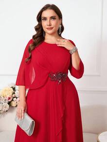 Reflora 大码纯色荷叶边网眼拼布优雅连衣裙 - 紅色 - 查看 11