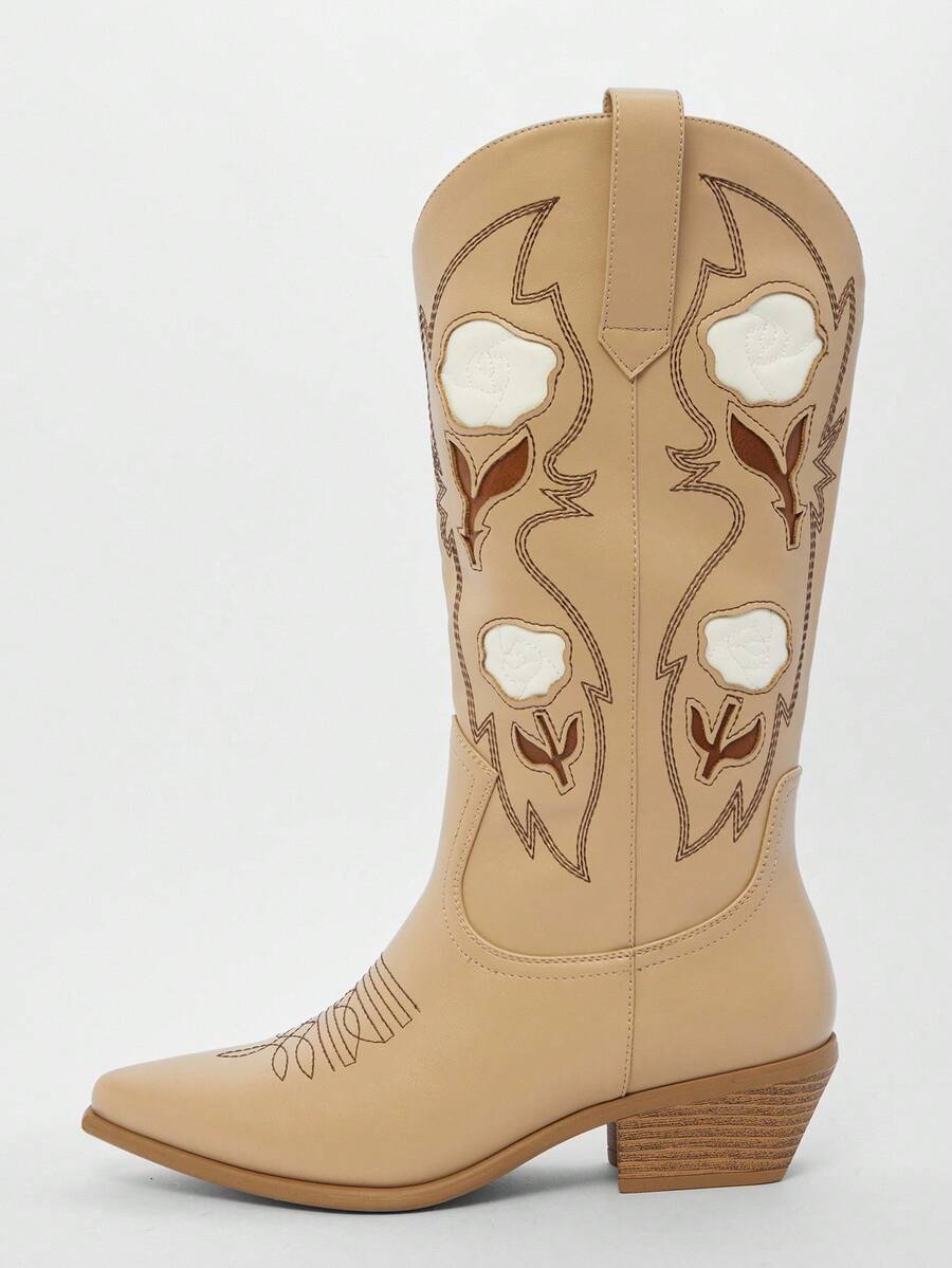 Solezae 女士迷人尖头粗跟花卉刺绣中筒西部牛仔靴 - 米色 - 查看 1