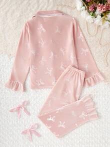 Genkimix Kids 2pcs/Set Cute Velvet Bow & Floral Print Long Sleeve Cardigan And Pants, Comfortable Casual Loungewear For Girls Girls Pink Pajama Set Fall Winter - Pink - View 2