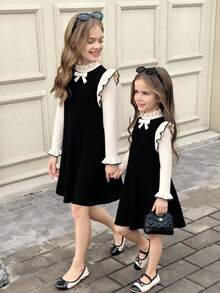 SHEIN Tween Girls Apricot And Black Jacquard Bowknot Long Sleeve Sweater Dress, Homecoming For Autumn Winter Sister Matching Outfits Matching Clothes For Girls Girls Black Dress Girls French Style Dress Girls Black Dress With Ruffle Sleeves Girls Spring Autumn French Style Dress Black Dress For Tweens Fall