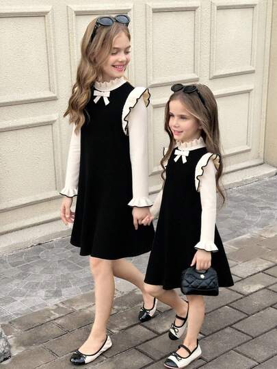 SHEIN Tween Girls Apricot And Black Jacquard Bowknot Long Sleeve Sweater Dress, Homecoming For Autumn Winter Sister Matching Outfits Matching Clothes For Girls Girls Black Dress Girls French Style Dress Girls Black Dress With Ruffle Sleeves Girls Spring Autumn French Style Dress Black Dress For Tweens Fall