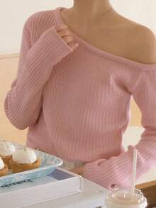 DAZY 女士宽松不对称领口针织毛衣，长袖，秋冬新品