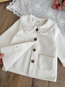 SHEIN 女婴幼儿新生儿0-3岁秋冬休闲优雅不对称领蝴蝶结大衣 - 杏色 - 查看 4