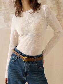 INAWLY Body de mujer con estampado sólido y floral transparente, pieza elegante y sexy para capas - Blanco - Ver 5