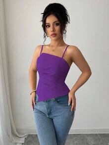 Elenzga Elegant & Cute Pleated Design Women Tank Top - Purple - View 3