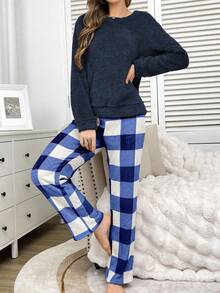 SHEIN 女士纯色圆领长袖抓绒上衣和格子裤蓬松睡衣套装，舒适蓬松睡衣套装，秋冬服装，温暖舒适 - 藍色 - 查看 5