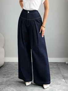 SHEIN Elenzya 女式高腰褶皱口袋阔腿宽松休闲牛仔裤 - 深色水洗藍 - 查看 3