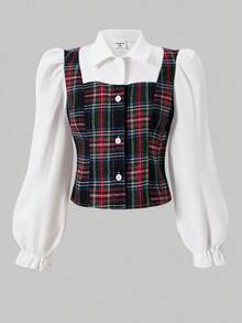 SHEIN Sparklyn Tween Girls Plaid Collared Puff Sleeve Cardigan Top With Elastic Waist Pleated Skirt, Academic Style For Spring & Autumn Fall Winter