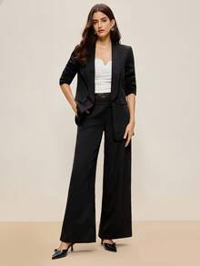 BizChic 2025 Autumn/Winter New Black Shawl Neck Blazer With Lace Waist Inset & Wide Leg Pants Suit, 2 Pieces Set, Versatile For Daily, Commute, Modern Elegant, Business Casual, Office, Music Festival, Wedding Guest, Birthday, Halloween, Party, Travel, Christmas, Saudi National Day, New Year - Black - View 9