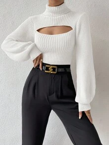 SHEIN x Carly Lawrence SHEIN Allurite 女士高领镂空长袖修身毛衣 - 白色 - 查看 6