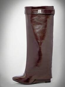 SHUZIA 女士时尚舒适尖头及膝高跟坡跟靴 - 巧克力棕 - 查看 5