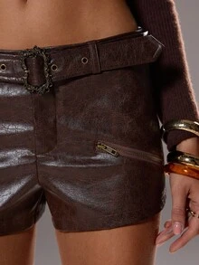 SHEIN Unity 1pc Women's Brown Zipper Decor Vintage Motorcycle PU Leather Shorts, Autumn - Brown - View 3