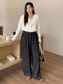 Dazy Plus Plus Size Women Casual Pants With Ribbed Fabric, Elastic Waist, Drawstring, Patchwork Ruffle Hem, Long Length Fall - Black - View 3