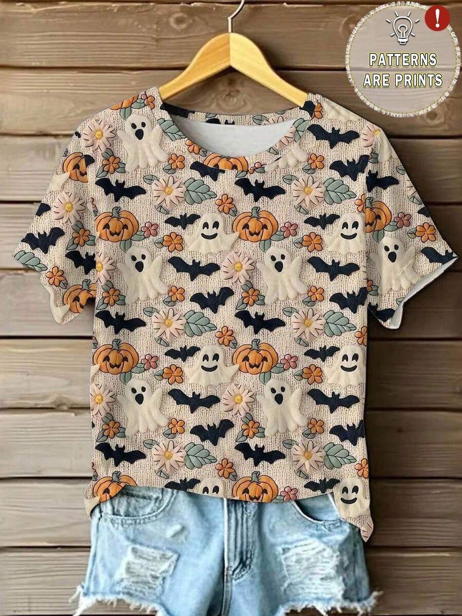 INAWLY Women's Halloween Pumpkin & Ghost Print Short Sleeve T-Shirt - Multicolor - View 1