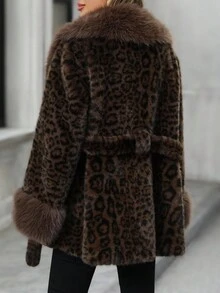 EMERY ROSE Women's Leopard Print Lapel Long Sleeve Faux Fur Fashion Jacket Women's Winter Clothes Women's Winter Coat Winter Coats For Women Women's Winter Jacket - Coffee Brown - View 2
