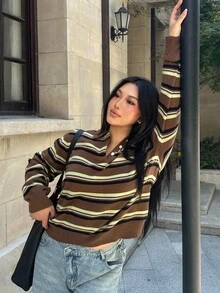 Dazy Plus Sweter damski w paski z kołnierzykiem polo i luźnym krojem w dużych rozmiarach, uniwersalny na jesień/zimę - Brązowy - Zobacz 1