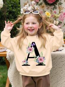 SHEIN Retro Floral & Letter Print Baby Girl Knit Soft Round Neck Loose Fit Thick Pullover Sweatshirt, Suitable For Autumn And Winter - Apricot - View 3