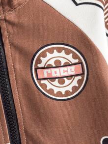 Playful Pals 男童棕色领子字母印花长袖夹克，适合秋冬季的休闲日常外套，百搭