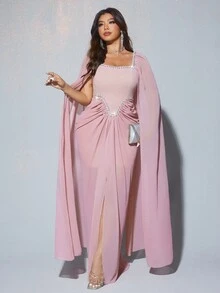 Viva Relle 大尺碼女款優雅浪漫奢華宴會派對婚禮賓客雪紡燈籠袖圓領鑽飾流暢長洋裝（隨機串珠） - 藕粉色 - 查看 1