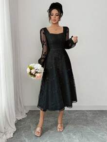 Rafferiza 优雅蕾丝提花连衣裙 - 黑色 - 查看 5