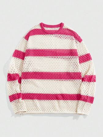 Street Life Jersey de manga larga casual con patrón de rayas y calado para hombre, otoño e invierno