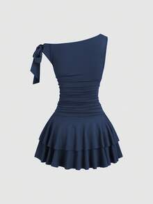 Sweetra Vestido mini ajustado para mujer con decoración floral 3D asimétrica de metal - Azul Marino - Ver 2