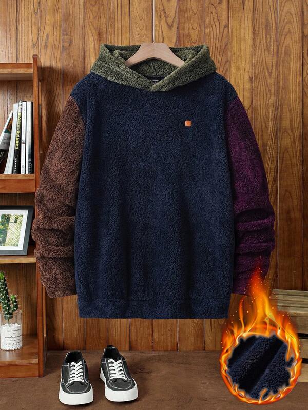 Manfinity NXTstreet Men's Casual Knitted Solid Color Leather Label Coral Fleece Double-Sided Fleece Patchwork Hoodie Men Fuzzy Hoodies Men Fleece Hoodie Men Sherpa Hoodie Men Hoodies Pullover Teddy Bear Hoodie Men , Fall Winter