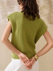 INAWLY Women's Solid Color Turtleneck Ribbed Knit Elegant Sleeveless Sweater - Olive Green - View 2