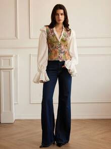 SHEIN X Scot Louie Aveloria Rosie 女士时尚提花面料拼布仿天丝撞色领子荷叶边泡泡超长袖衬衫，初秋 - 彩色 - 查看 7