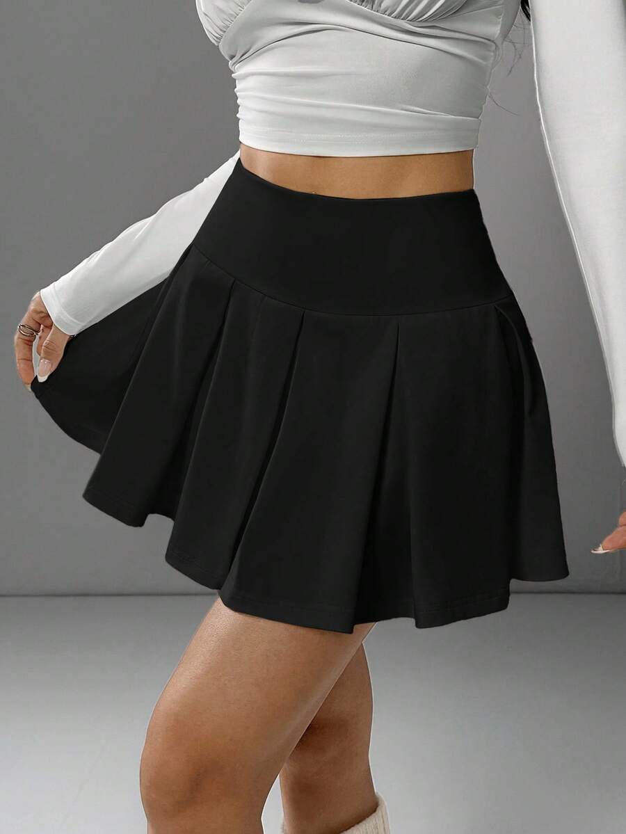 SHEIN EZwear 大码纯色休闲百褶迷你裙 - 黑色 - 查看 1