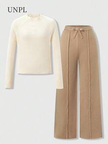 SHEIN Explorewe 2pcs/Set Teen Girl Colorblock Sweater Set,Khaki Turtleneck Long Sleeve Top And Loose Straight Pants For Autumn,Back-To-School,Graduation,Beige Outfit - Khaki - View 8